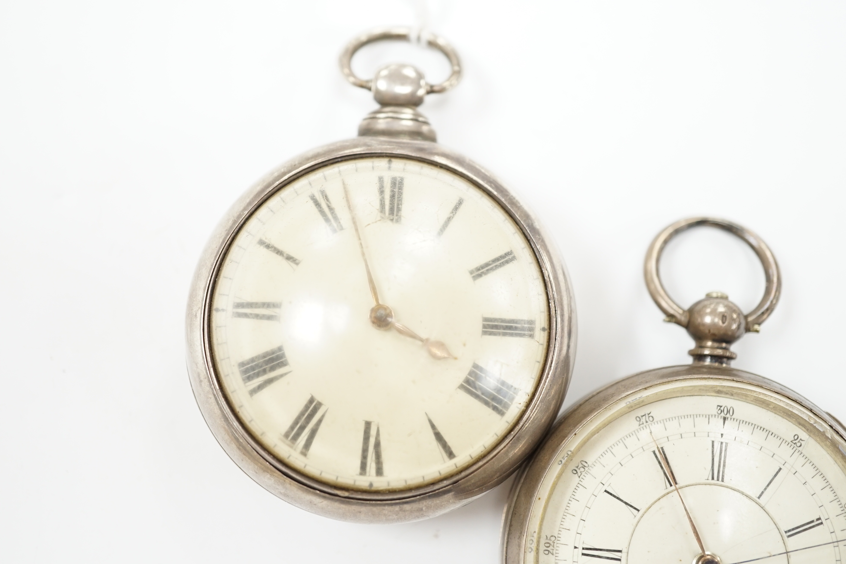 A 19th century silver pair cased open face keywind pocket watch, with Roman dial and a Swiss white metal open face chronograph pocket watch, with Roman dial.